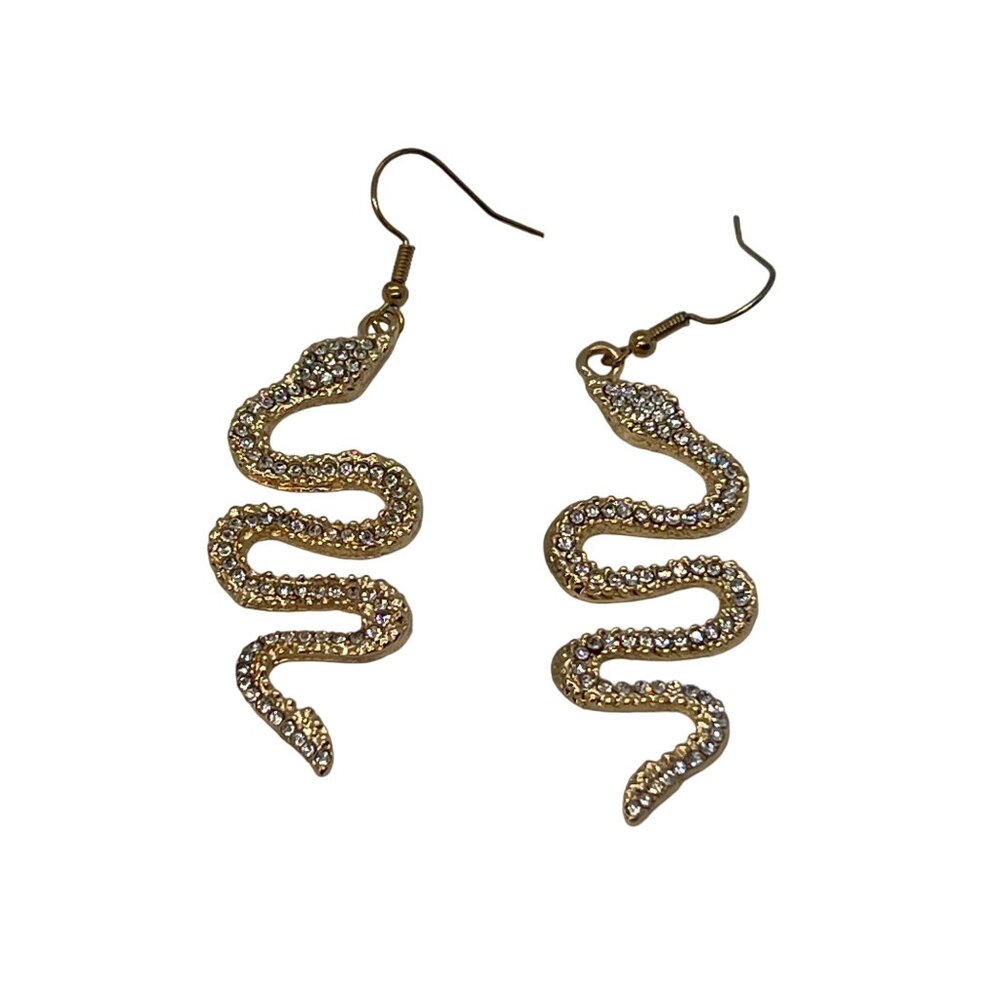 Gold Tone Snake Dangle Earrings Clear Rhinestone Accents Hooks 3"